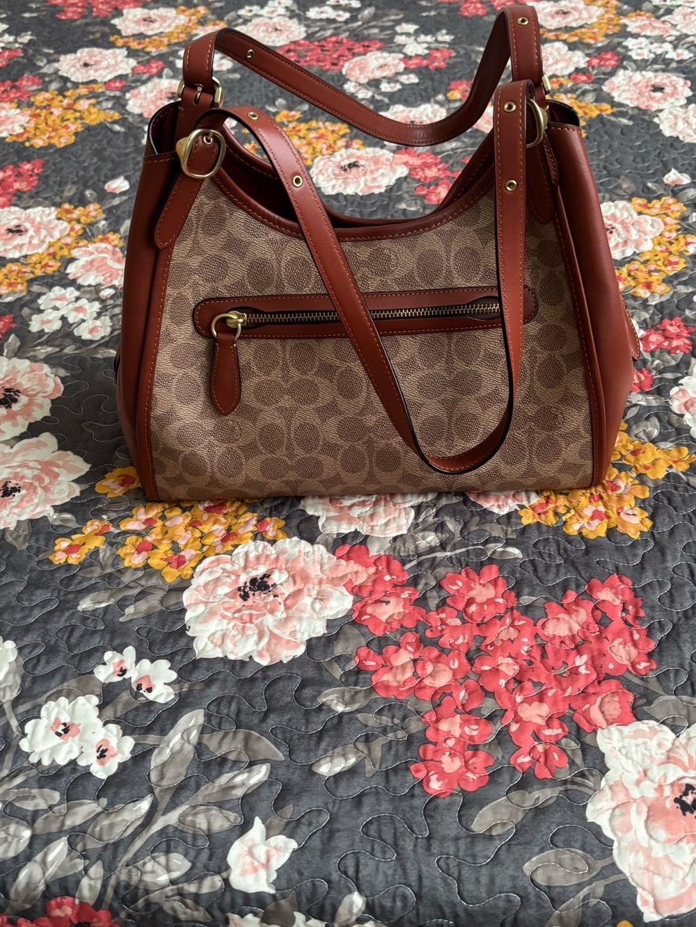 Coach Brown Signature Canvas Shoulder Bag with Tan Trim